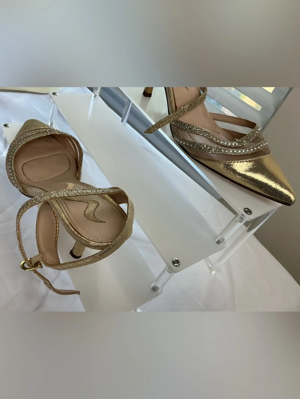 Nina Gold Rhinestone Slingback Kitten Heel Pointed Toe Pumps